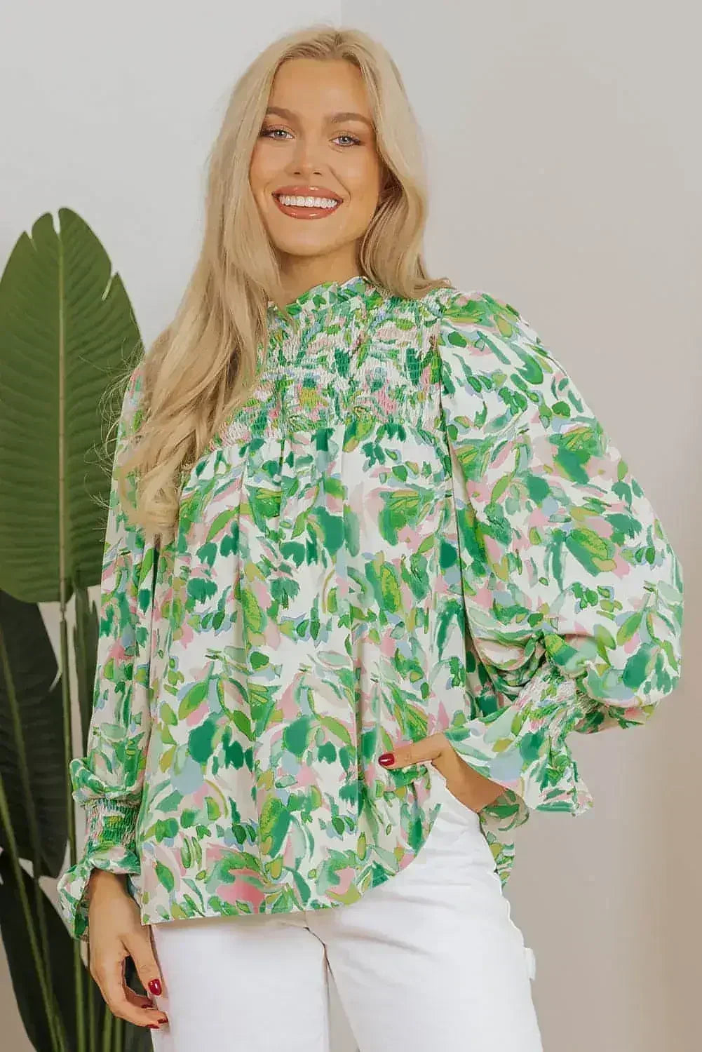 Leaf Print Flounce Sleeve Blouse - Botanical Top | Femstylo - Femstylo