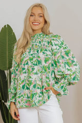 Leaf Print Flounce Sleeve Blouse - Botanical Top | Femstylo - Femstylo