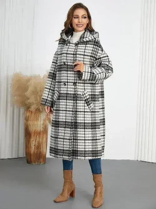 Plaid Double-Breasted Long Sleeve Longline Coat - Femstylo