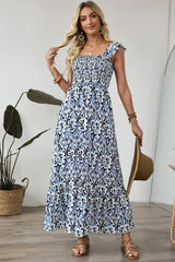 Sky Blue Boho Print Smocked High Waist Maxi Dress - Femstylo