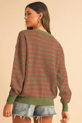 Pink Stripe Round Neck Drop Shoulder Loose Sweater - Femstylo