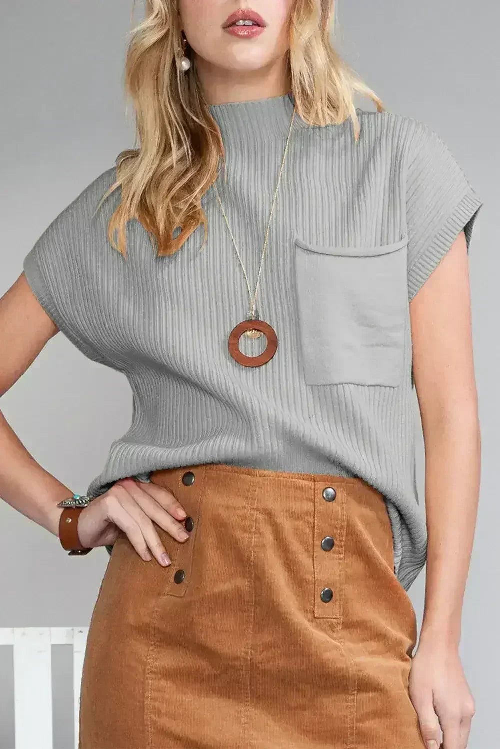 Mineral Red Patch Pocket Ribbed Knit Short Sleeve Sweater - Femstylo