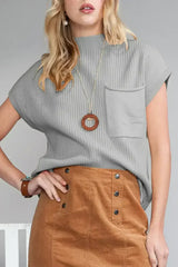Mineral Red Patch Pocket Ribbed Knit Short Sleeve Sweater - Femstylo