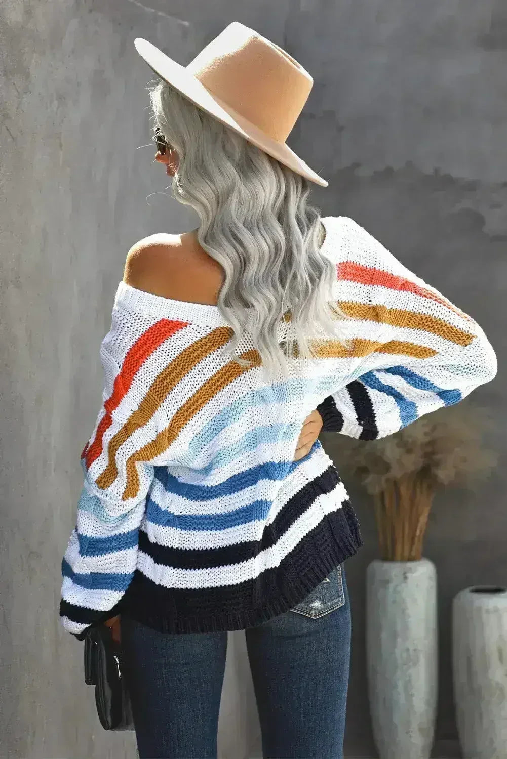 Women's Multicolor Stripe Bubblegum V-Neck Braided Knit Sweater - Femstylo