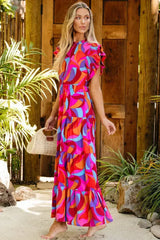 Orange Abstract Printed High Waist Ruffle Tiered Long Dress - Femstylo