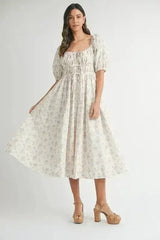 MABLE Floral Drawstring Detail Puff Sleeve Midi Dress - Femstylo