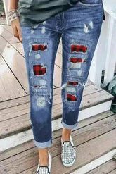 Fashion Blue Ripped Plaid Straight Legs Boyfriend Jeans - Femstylo