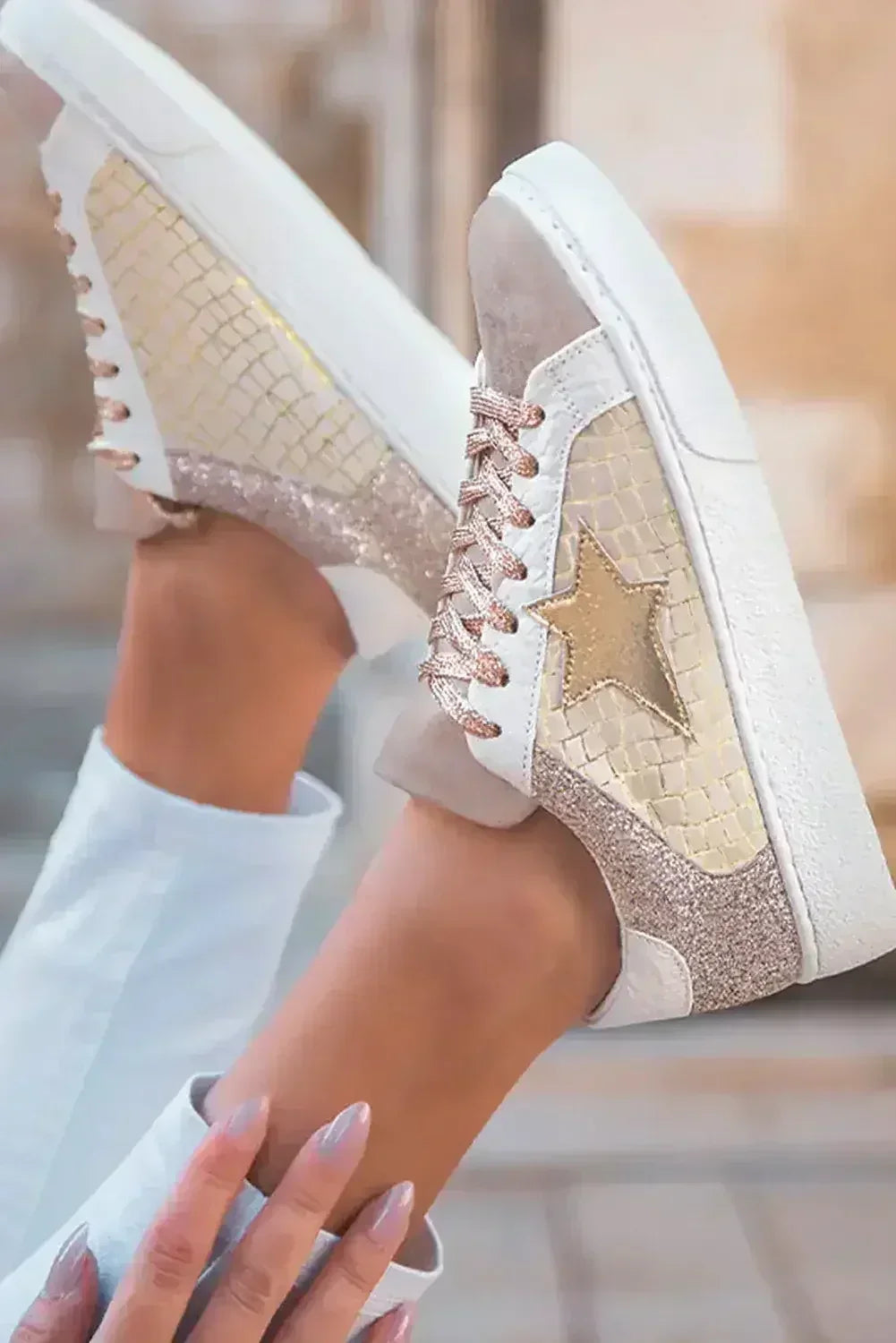 Gold Glitter Star Patchwork PU Leather Lace-up Sneakers - Femstylo
