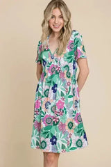 BOMBOM Ruched Floral V-Neck Short Sleeve Dress - Femstylo