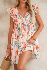 Pink Floral Ruffle Sleeve V Neck High Waist Mini Dress - Femstylo