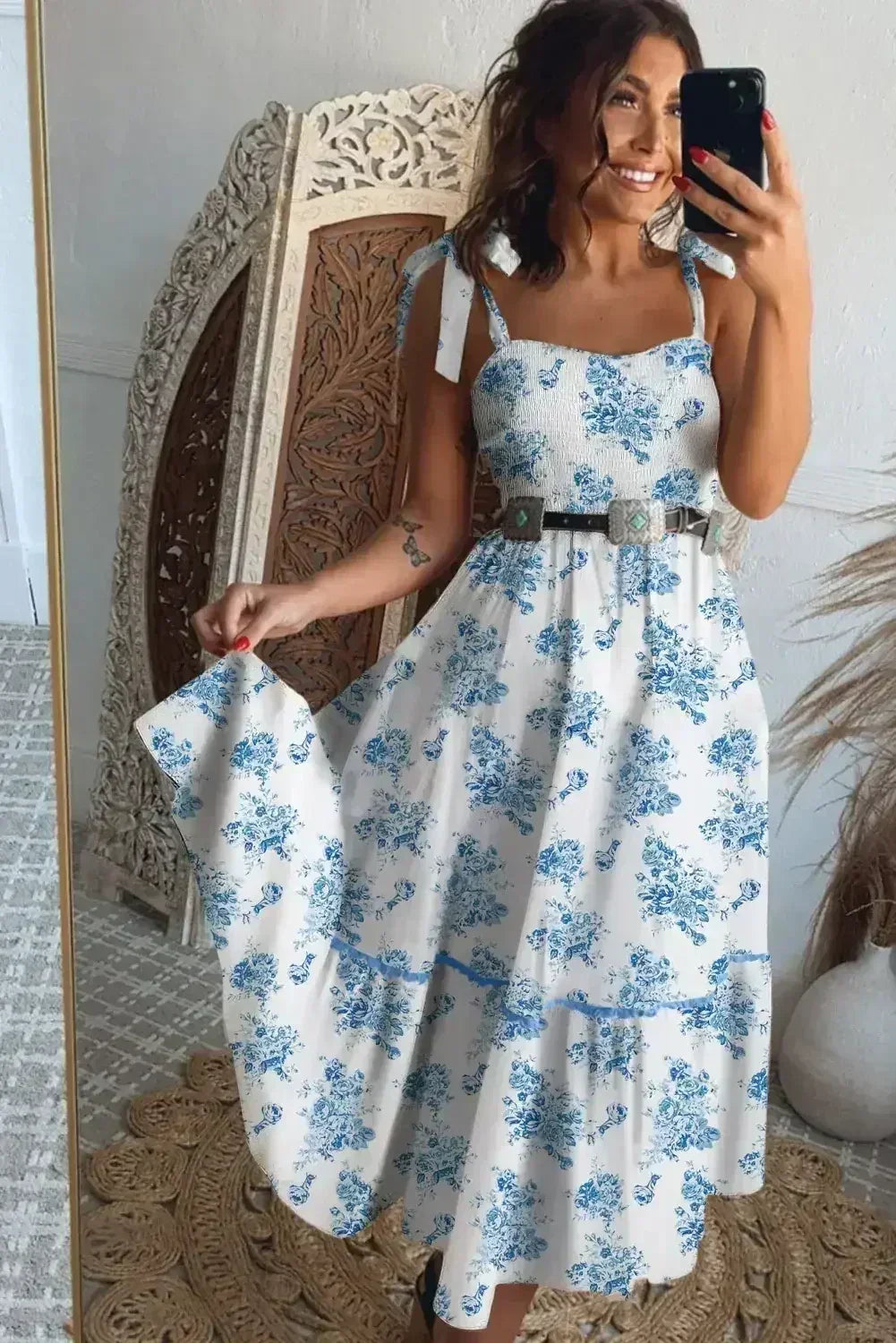 Sky Blue Floral Print Smocked Knot Shoulder Sleeveless Midi Dress - Femstylo