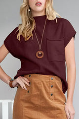 Mineral Red Patch Pocket Ribbed Knit Short Sleeve Sweater - Femstylo