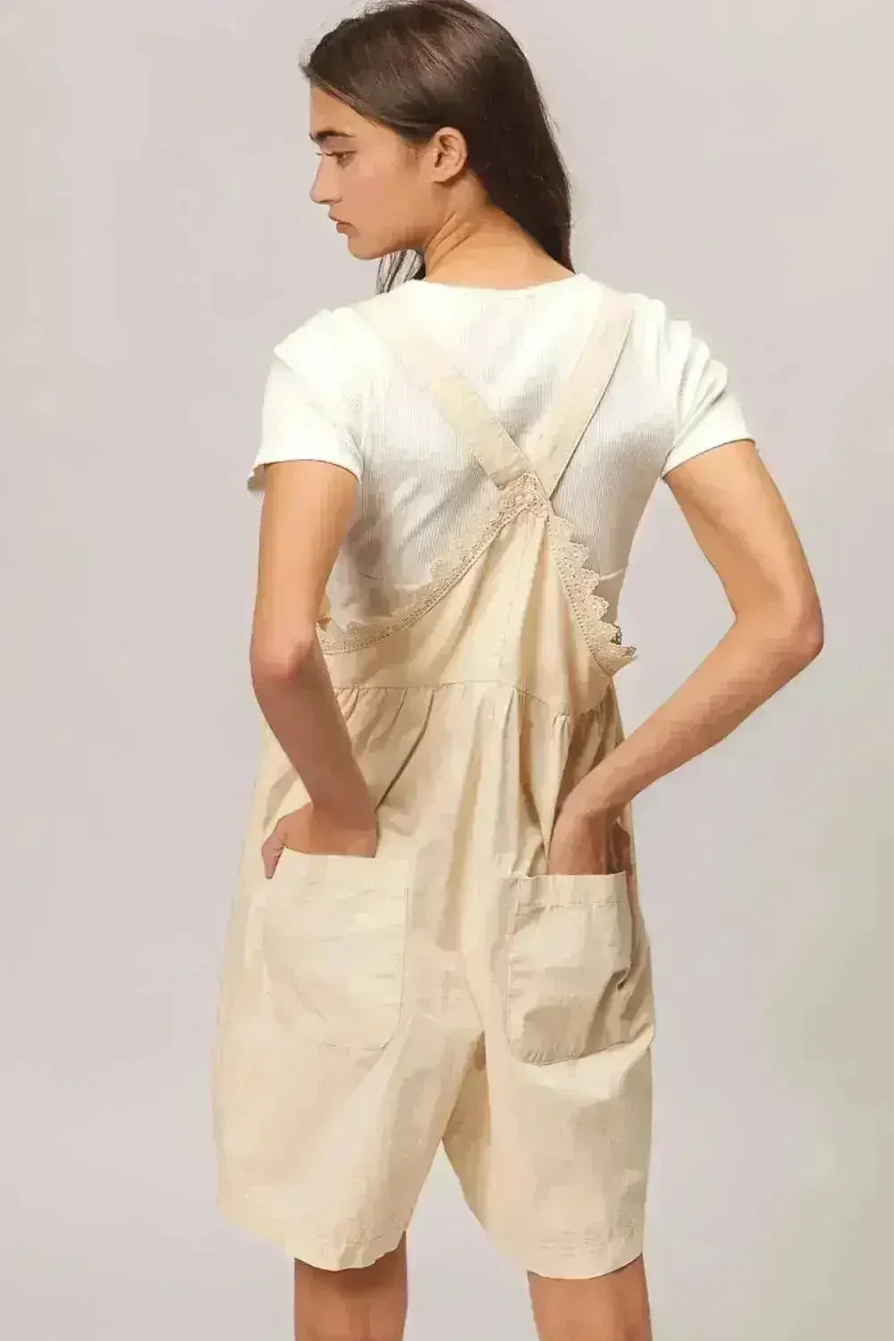 BiBi Back Patch Pocket Lace Trim Rompers - Femstylo