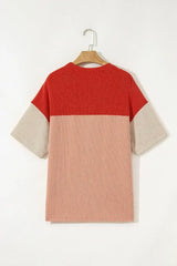 Black Color Block Ribbed Side Slits Half Sleeve Top - Femstylo