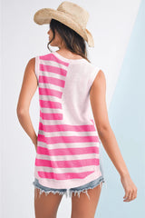 Beige USA Flag Notched Neckline Loose Knit Vest