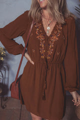 Burgundy Floral Embroidered Tassel Tie Waist Long Sleeve Mini Dress