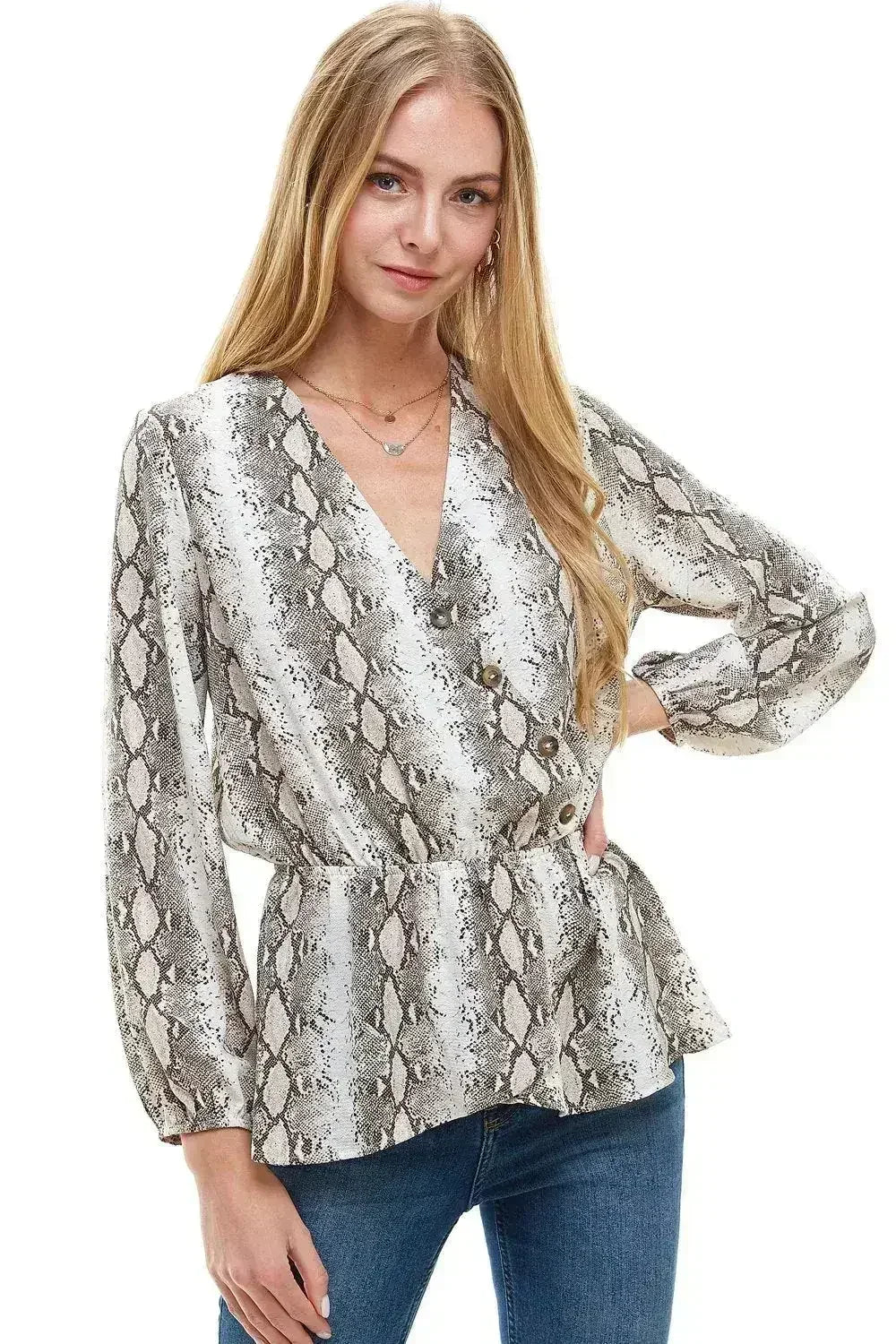 Snake V neck Button Front Peplum Long Sleeve Blouse Top | Femstylo - Femstylo