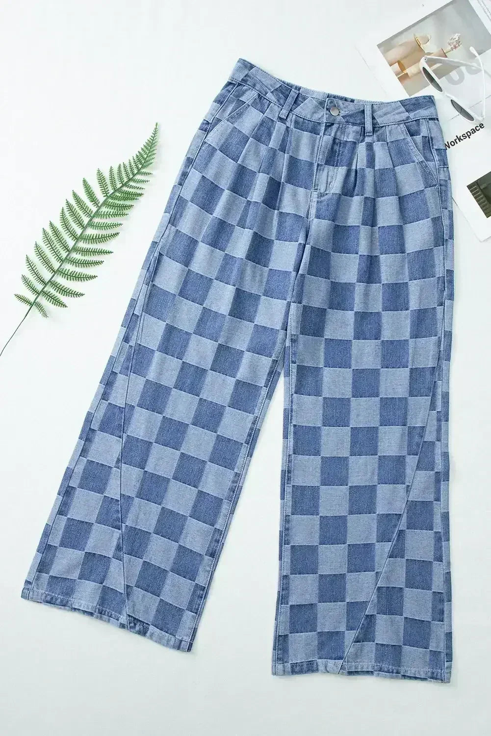 Dusk Blue Checkered Light Washed Wide Leg Jeans - Femstylo