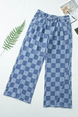 Dusk Blue Checkered Light Washed Wide Leg Jeans - Femstylo