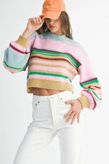 Multicolour Striped Knit Ribbed Trim Boxy Fit Cropped Sweater