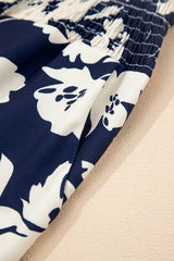 Blue Floral Smocked Frill Waist Wide Leg Pants