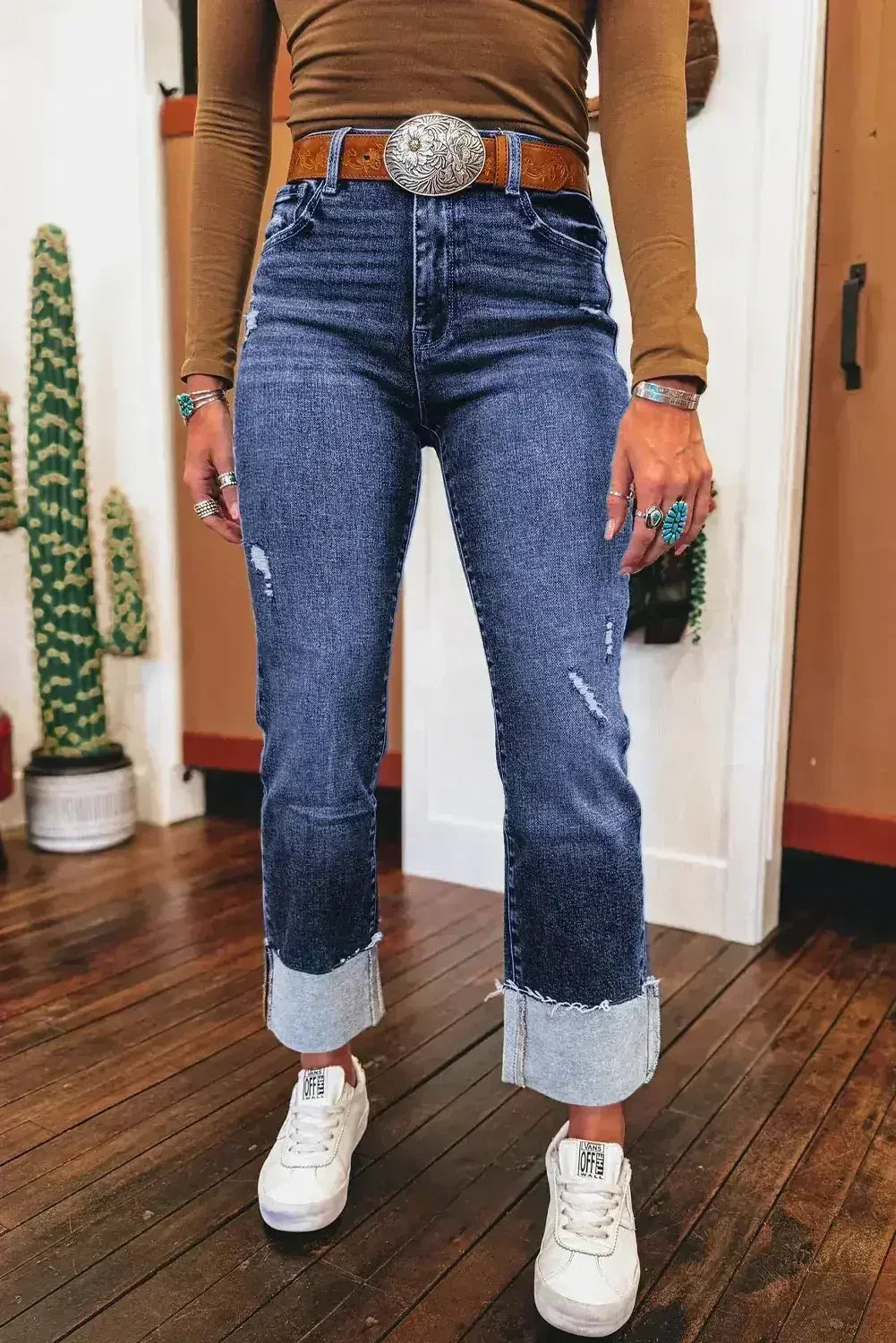 Real Teal Folded Cuffs Distressed High Waist Jeans - Femstylo