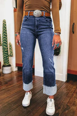 Real Teal Folded Cuffs Distressed High Waist Jeans - Femstylo