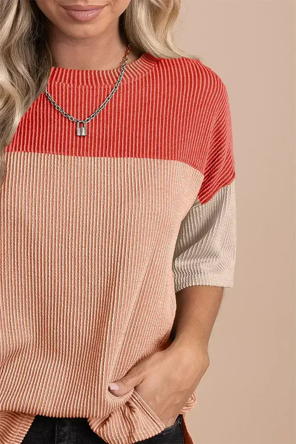 Black Color Block Ribbed Side Slits Half Sleeve Top - Femstylo