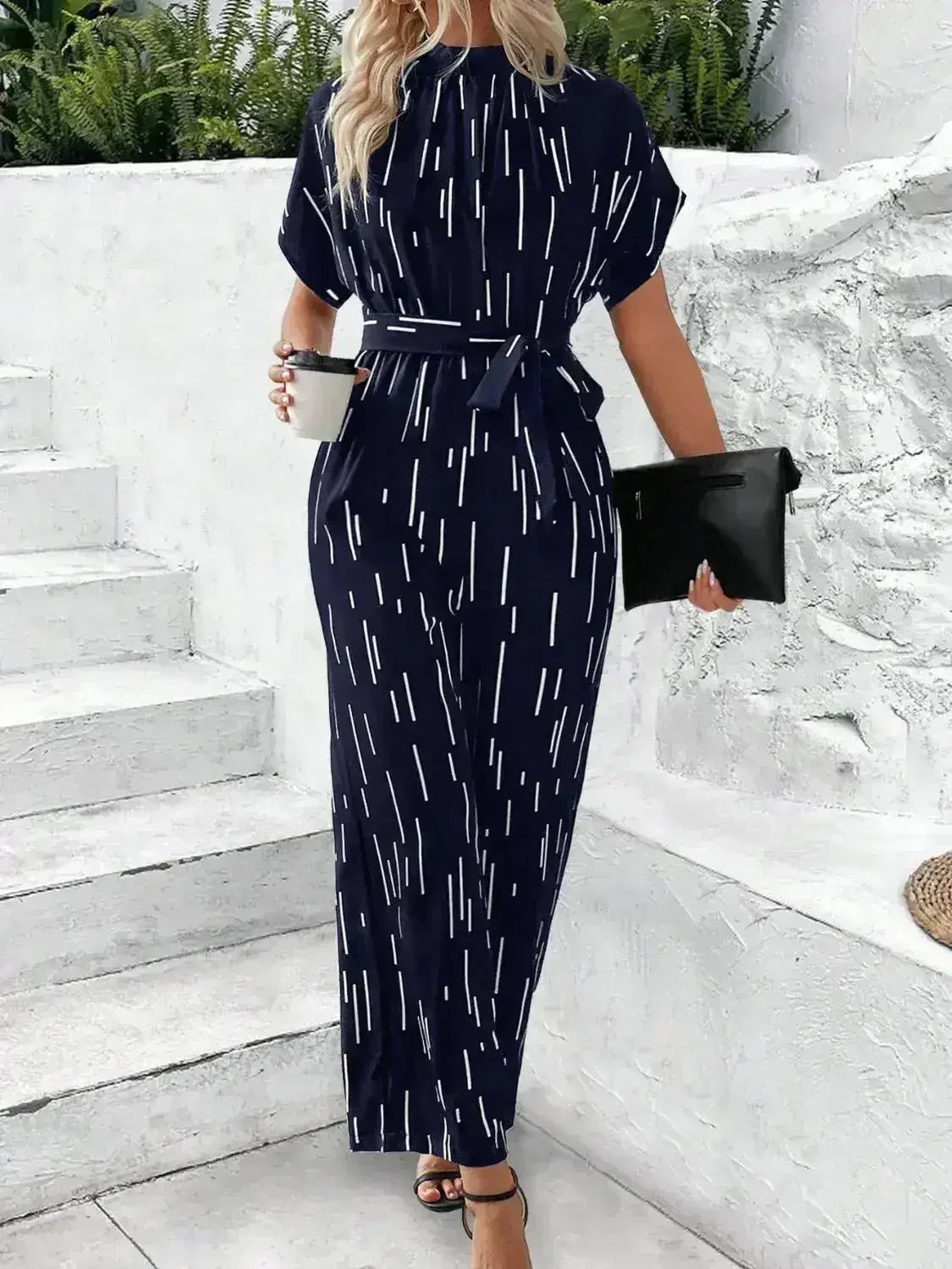 Tied Printed Mock Neck Wide Leg Jumpsuit - Femstylo