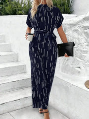 Tied Printed Mock Neck Wide Leg Jumpsuit - Femstylo
