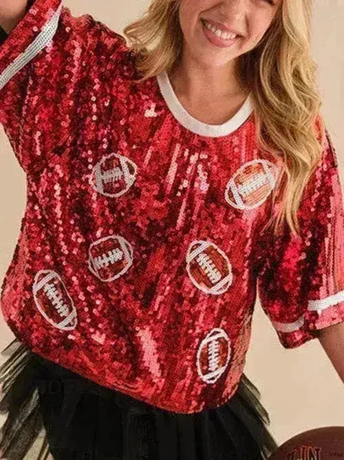 Sequin Football Top - Sparkling Half-Sleeve Blouse | Femstylo - Femstylo