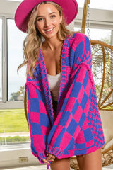 Taupe Colorblock Checked Open Front Knitted Cardigan