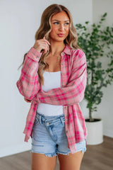 Sachet Pink Plaid Rounded Hem Long Sleeve Shirt