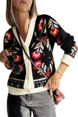 Black Floral Print Button Front V Neck Contrast Trim Cardigan