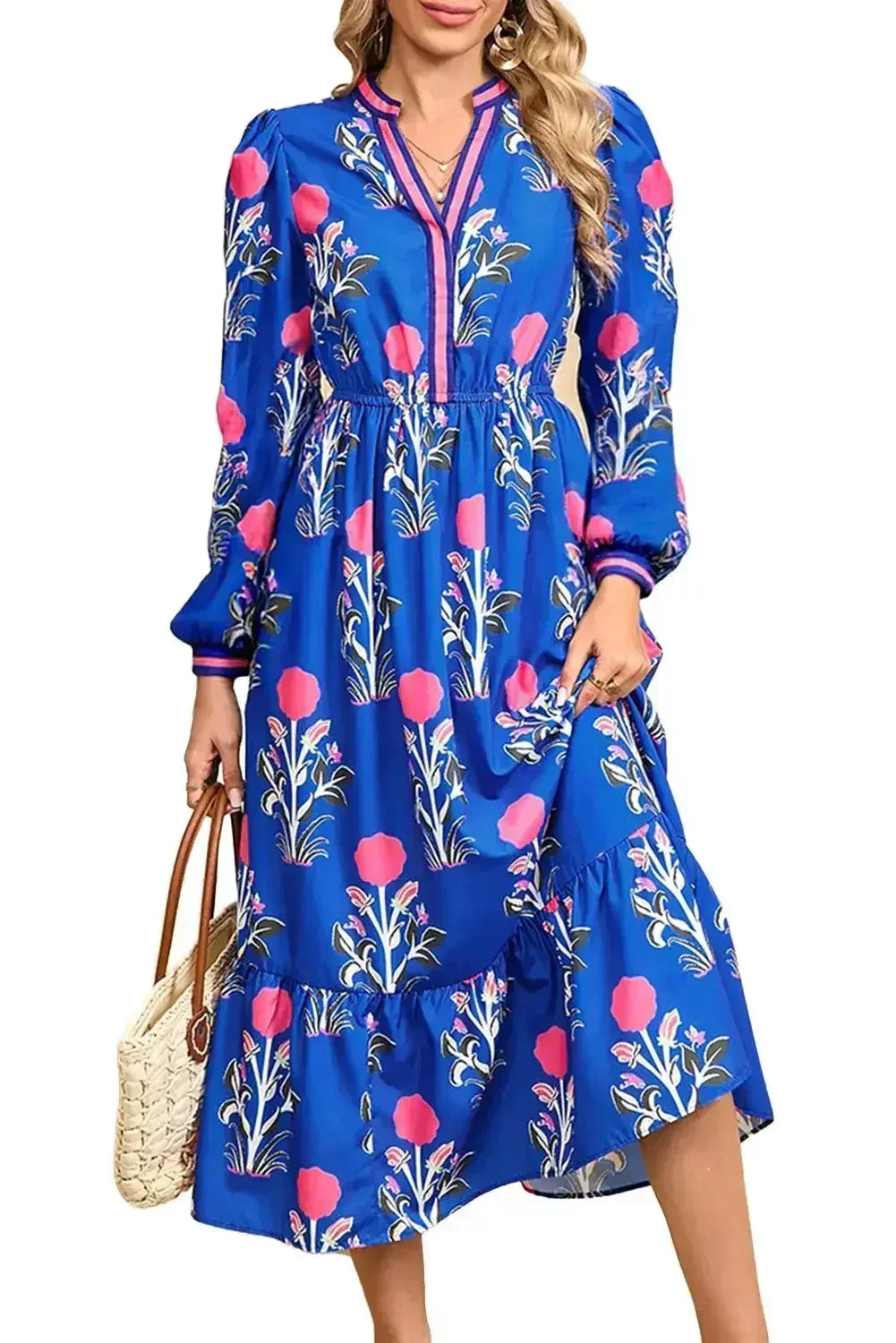 Blue Floral Print Pop of Color Neckline Long Sleeve Midi Dress - Femstylo
