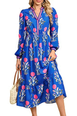 Blue Floral Print Pop of Color Neckline Long Sleeve Midi Dress - Femstylo