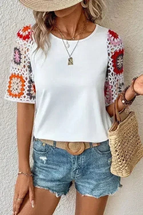 Geometric Round Neck Short Sleeve Blouse | Femstylo - Femstylo