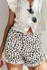 White Leopard Frayed Hem Denim Shorts - Femstylo