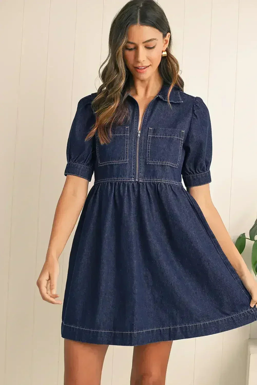 Dirty Blue Puff Sleeve Half Zipper Denim Flowy Dress - Femstylo