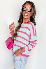 Green Striped Round Neck Colorblock Knit Sweater