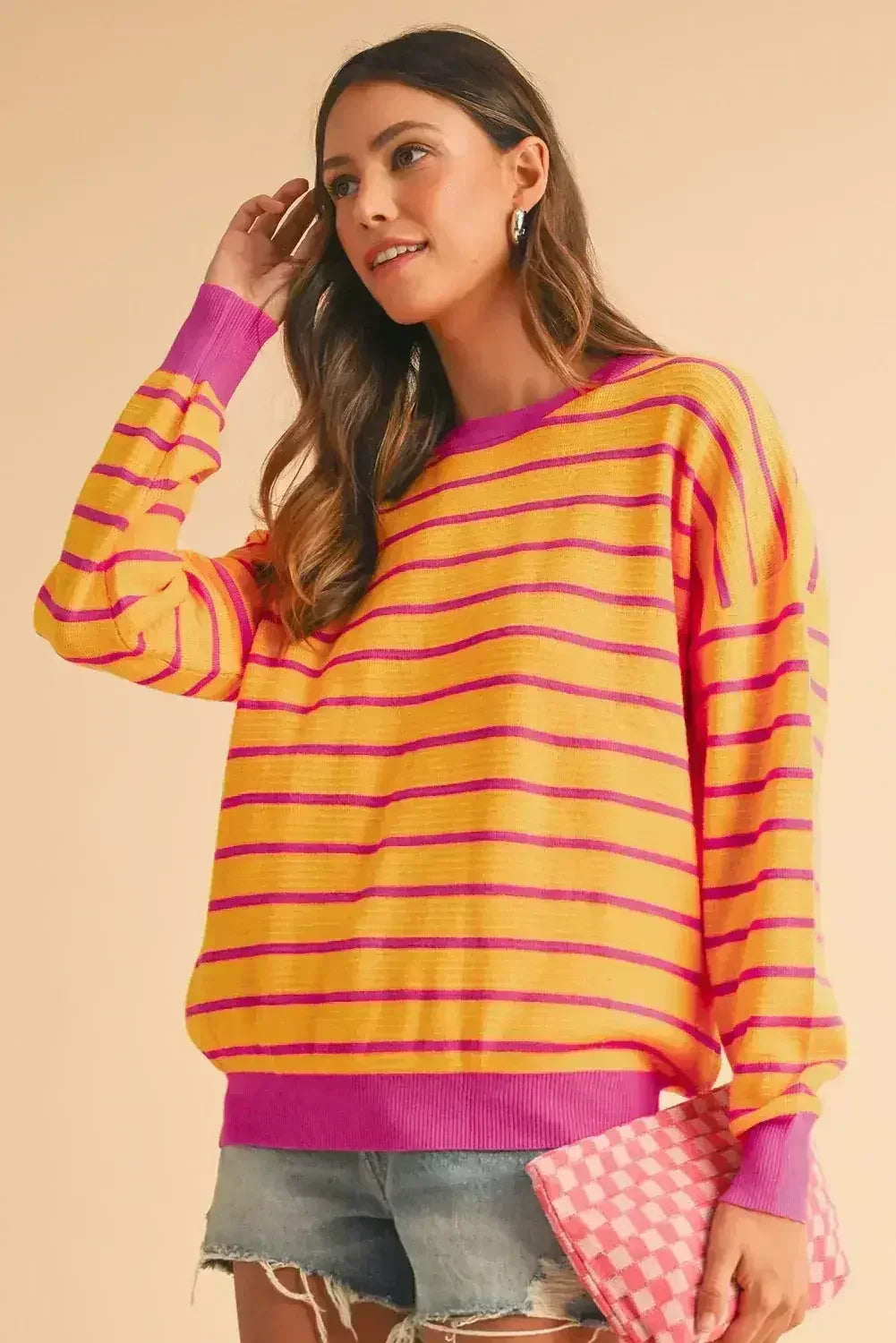 Pink Stripe Round Neck Drop Shoulder Loose Sweater - Femstylo