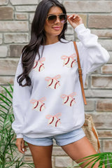 White Sequin Bow Baseball Patched Casual Sweatshirt