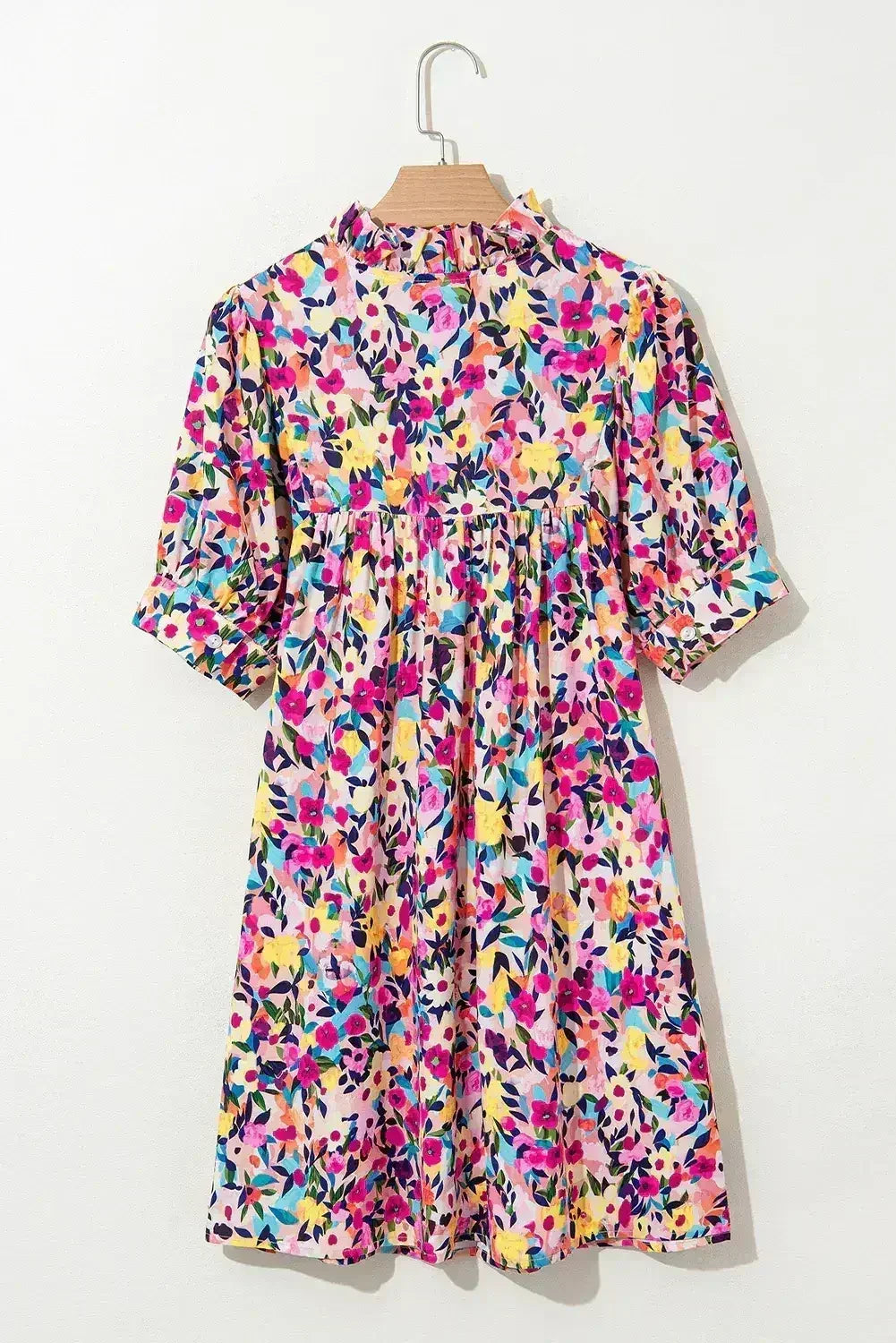 Pink Floral Puff Short Sleeve V Neck Mini Dress - Femstylo