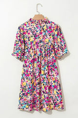 Pink Floral Puff Short Sleeve V Neck Mini Dress - Femstylo