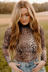 Brown Allover Leopard Print Smocked Neck Mesh Bodysuit - Femstylo