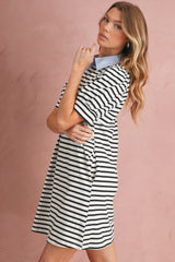Black Stripe Collared Puff Sleeve Pocketed Mini Dress