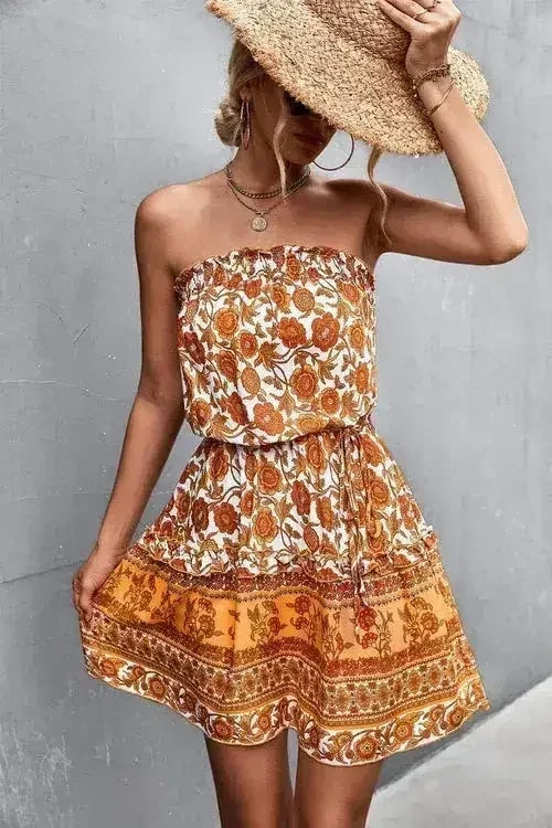 Women's Bohemian Floral Print Strapless Dress Summer Beach Dress - Femstylo