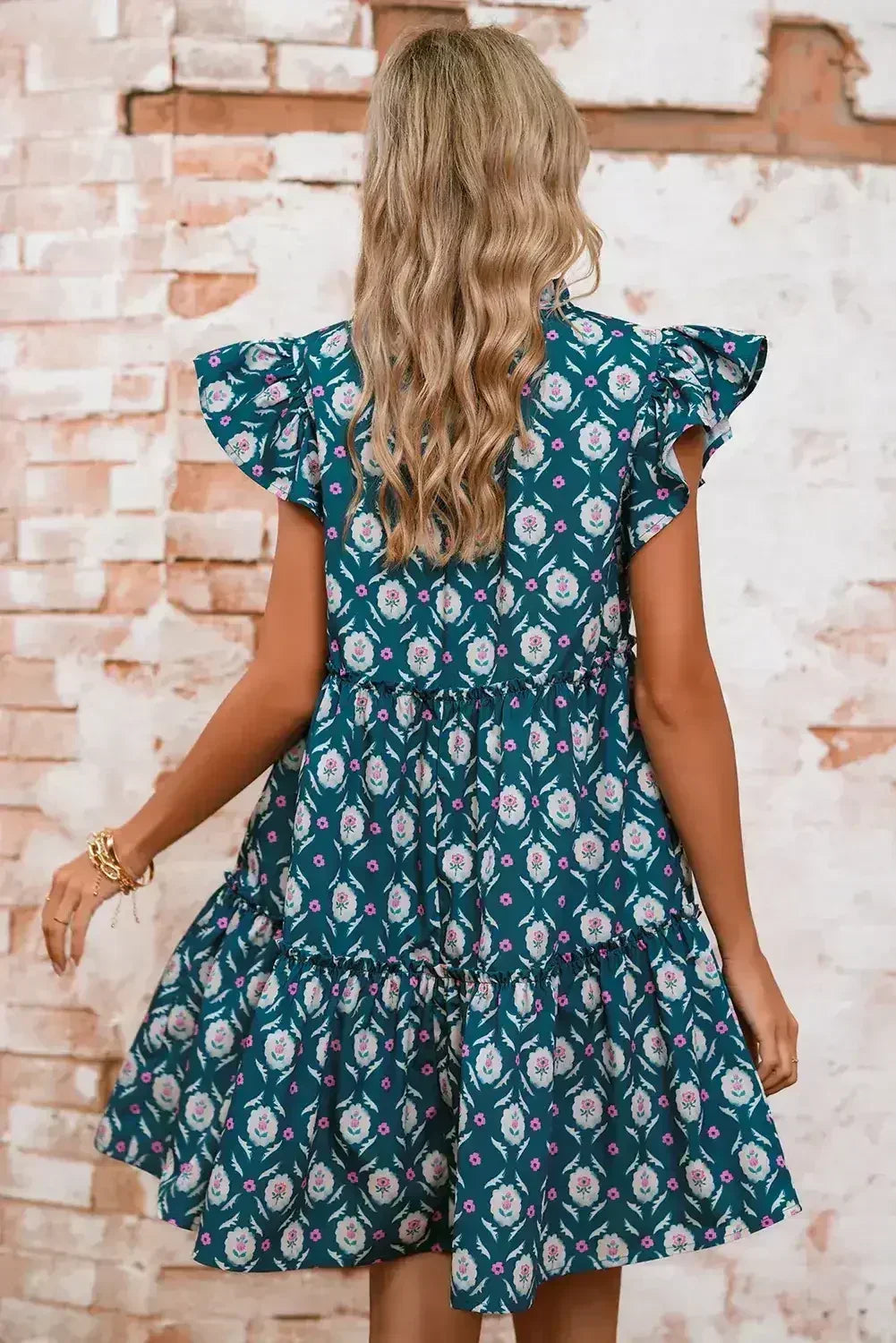 Blue Retro Floral Print Split Neck Ruffle Short Sleeve Dress - Femstylo