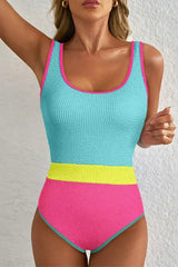 Rose Red Textured Colorblock One Piece Swimsuit - Femstylo