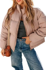 Apricot Pink Full Zipper Quilted Puffer Jacket - Femstylo